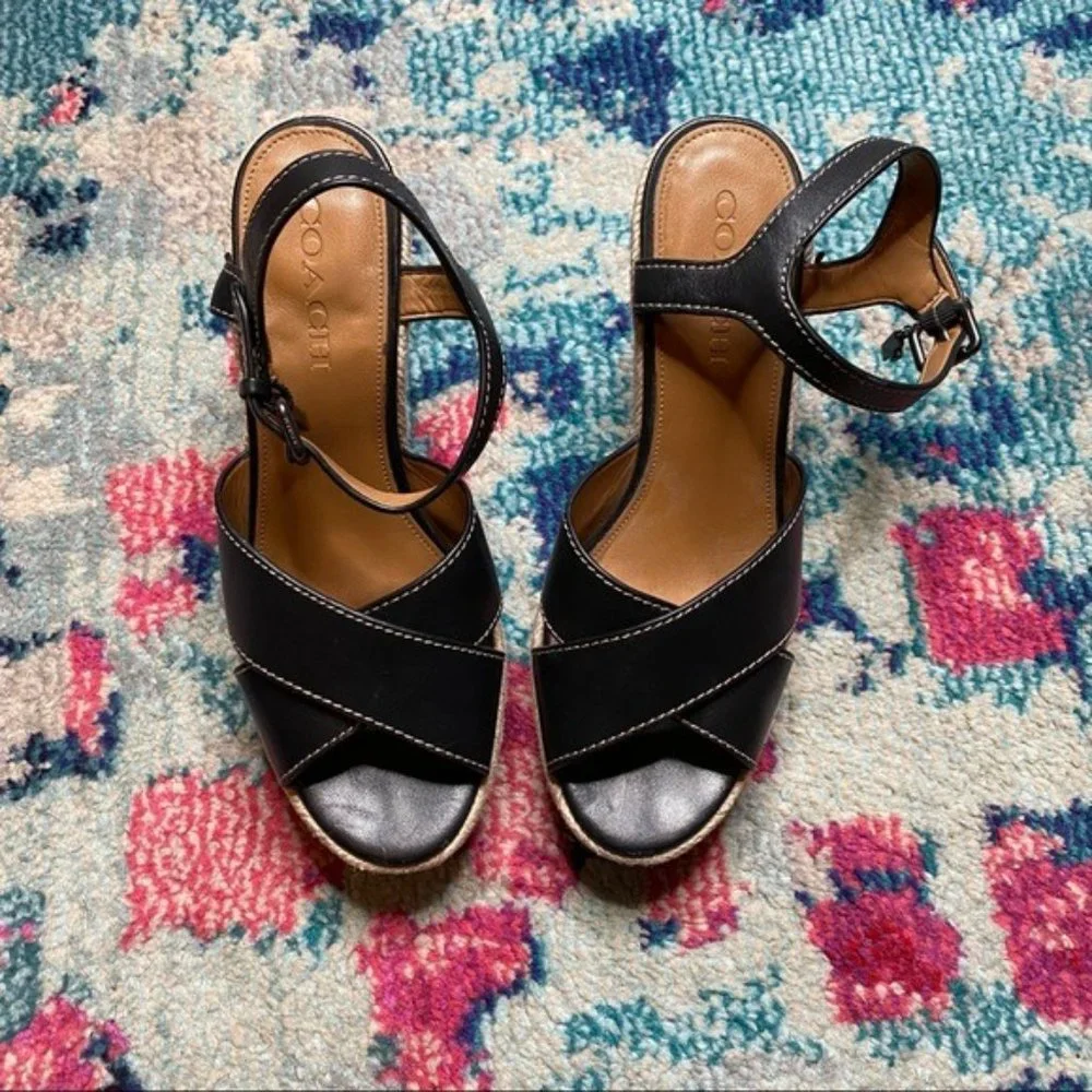 Coach Eaton Black Leather Denim Wedge Sandals Size 8.5 - Picture 3 of 13